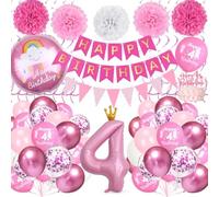 Globos de Cumpleaños 4 Años, Juego Decoraciones Cumpleaños Rosa con Globo Aluminio Rosa Número 4, Pancarta Happy Birthday, Pompones de Papel para Decoración Fiesta 4 Años Niñas