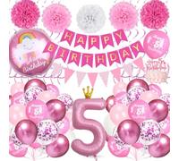 Globos de Cumpleaños 5 Años, Juego Decoraciones Cumpleaños Rosa con Globo Aluminio Rosa Número 5, Pancarta Happy Birthday, Pompones de Papel para Decoración Fiesta 5 Años Niñas