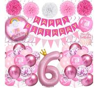 Globos de Cumpleaños 6 Años, Juego Decoraciones Cumpleaños Rosa con Globo Aluminio Rosa Número 6, Pancarta Happy Birthday, Pompones de Papel para Decoración Fiesta 6 Años Niñas