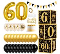 Globos de Cumpleaños 60 Años, Decoraciones para 60º Cumpleaños con 3pcs Caja de Oro Negro, Globos Foil Número 60, Imprimidos, Dorados y Negros, para Decoracion 60th Fiesta
