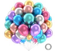 Globos de Cumpleaños Colorido, 52 Piezas Metálicos Globo Colores, Globo Helio Metalizados de Látex con 2 Rollos de Cintas Plateada para Decoración Cumpleaños Boda Graduación Bautizo Fiesta 12 Pulgadas