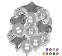 Globos de Cumpleaños con Estrellas y Corazones de Aluminio de 45cm y Globos con Confeti y Lisos de 30cm, para Decoración de Cumpleaños, Fiestas Infantiles, Bodas, Aniversario, Graduación (Plateado)