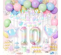 Globos de Cumpleaños de Niña de 10 Años, Pastel Decoración Cumpleaños 10 Niña con Ilusión Láser Banner, Globos Pastel, Globo Número 10, Topper Tarta, Iridiscente Decoraciones para Fiesta 10 Años Niñas