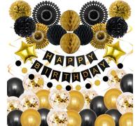Globos de Cumpleaños Oro Negro, Decoracion Cumpleaños Pompones Ventilador de Papel Decoracion Fiesta, Pancarta Feliz Cumpleaños Globos Cumpleaños Graduación para Decoracion Hombres Mujeres 1- 60 Años