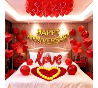 Globos de decoración de feliz aniversario, kit romántico de decoración de habitación con 1000 pétalos de rosa, 24 velas LED, pancarta de aniversario, globos de amor de corazón para boda, día de San