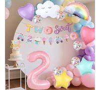 Globos de decoración de segundo cumpleaños para niñas, 104 piezas de arco de globos de aluminio arcoíris con pancarta de fotos, decoración de pastel de feliz cumpleaños para niños y niños