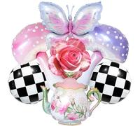 Globos de fiesta de Alicia, globos de tetera, seta, rosa, mariposa, Alicia, decoración de fiesta de cumpleaños, sombrerero loco, decoración de fiesta de té, decoración de fiesta de té de Alicia, país