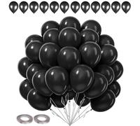 Globos de fiesta redondos negros de 10 pulgadas, paquete de 50 con 2 rollos de cintas negras, 5 mm x 10 metros, ideal para decoración de fiestas, bodas, baby showers, cumpleaños y celebraciones de