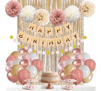 Globos de fiesta retro en rosa, pancarta de cumpleaños bohemia con pompones y borlas, decoración rústica neutra para mujeres Bday Día de la Madre Aniversario Fiesta de compromiso Decor.