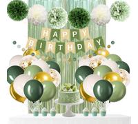 Globos de fiesta verde salvia, pancarta de cumpleaños bohemia con pompones y borlas, decoración rústica neutra para mujeres Bday Día de la Madre Aniversario Fiesta de compromiso Decor.