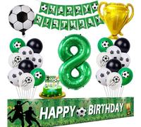 Globos de fútbol y decoraciones para cumpleaños 8 años - Fondo verde para fiesta de niño con decoración de pasteles