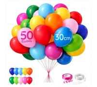 Globos de Látex 30 cm Pack 50 para Fiestas Infantiles y Cumpleaños | Incluyen Cinta y Cadena, Inflables con Aire o Helio, Resistentes en Exterior e Interior, Multicolor