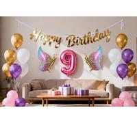 Globos de mariposa de cumpleaños número 9 para niñas, pancarta de cumpleaños colorida mariposa rosa número 9, globos de látex rosa y morado, decoraciones de cumpleaños de 9 años para niñas de 9 años