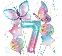 Globos de mariposa para decoración de cumpleaños número 7 para niñas, globo de aluminio colorido rosa degradado, globo gigante de Mylar número 7, decoración de fiesta de cumpleaños con temática de
