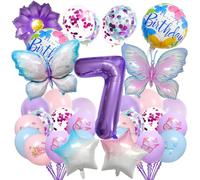 Globos de mariposa púrpura, 34 piezas globos de aluminio - Estrellas Mariposas Flores y Figura 7, "Happy Birthday" Globos de látex, Decoraciones de fiesta de cumpleaños con tema de mariposas