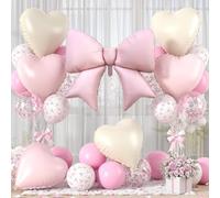 Globos de papel de aluminio con lazo rosa, globos de papel de aluminio de corazón blanco crema y globos con estampado de lazo para mujeres, cumpleaños, baby shower, día de San Valentín, decoración de