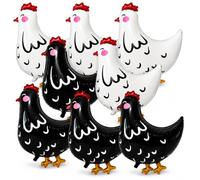 Globos de pollo, animales de granja, decoración de fiesta de cumpleaños, juego de 8 globos de pollo jumbo, globos de aluminio blanco y negro, decoraciones de fiesta de animales de granja
