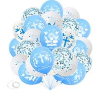 Globos de primera comunión para decoración de primera comunión, juego de globos azules de primera comunión con paloma cruzada y globos de confeti, suministros para fiesta de confirmación de bautizo