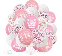 Globos de primera comunión para decoración de primera comunión, juego de globos de primera comunión rosa con paloma cruzada y globos de confeti, suministros para fiesta de confirmación de bautizo