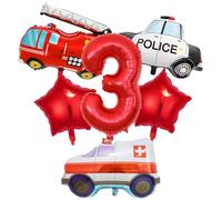 Globos de transporte, camiones de bomberos, coche de policía, ambulancia, globos de aluminio para niños de tercer cumpleaños, decoraciones de fiesta temática de vehículos (3er cumpleaños)