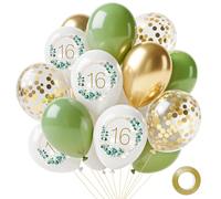 Globos Decoración 16 Años Verde Oliva y Oro Blanco - Globos Metálicos Brillantes, Confeti, Latex - Decoración Chico Chica Fiesta Adolescente para Todos