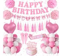 Globos Decoracion Cumpleaños, Lazo Rosa Decoraciones para Fiesta de Cumpleaños, Globos Rosa y Blanco, Feliz Cumpleaño Decoraciónes Mujeres,Topper Tarta, Globos de Cumpleaño Lazos Party Deco