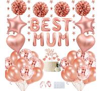 Globos Decoración para Dia de la Madre, Decoraciones Fiesta Oro Rosa con Adorno Tarta, Letra Best Mum Globos, Globo Lámina Estrella y Corazón, Pompones para Mujere Suministros Fiesta Cumpleaños