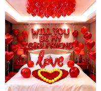 Globos decorativos con texto en inglés "Will You Be My Girlfriend", globos rojos del alfabeto con corazón, 1000 pétalos de rosa artificiales, 24 velas LED sin llama para decoración romántica de noche
