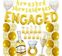 Globos decorativos de compromiso dorados - Juego de decoración de fiesta de compromiso He Asked She Said Yes Banner Globo de papel de aluminio con anillo de diamante para compromiso, decoración de