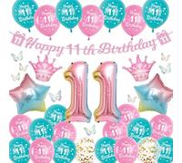 Globos decorativos para 11 cumpleaños para niñas, 40 unidades, decoración de cumpleaños, color rosa, Happy 11th Birthday Girlande Banner Números Globos, Corazón Colorido Globo de papel de aluminio 3D