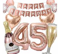 Globos decorativos para 45 cumpleaños en oro rosa, para mujer, 45 copas de vino, botellas de champán, globos decorativos, 45 años, pancarta de cumpleaños, decoración de cumpleaños de 45 años (45)