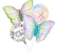 Globos Mariposa 4 Piezas Globo con Forma de Mariposa Globos de Aluminio Happy Birthday Redondos Decoración de Fiesta Mariposas para Niños, Niñas, Aniversario, Cumpleaños