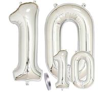 Globos Número 10 Cumpleaños XXL de Plata-Figuras Helio Globo de lámina gigante en 2 tamaños 40"y 16" | Set XXL 100cm+Mini 40cm version Decoraciones de cumpleaños |Ideal para el 10 Años como decoración