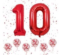Globos Número 10 Rojo, 40 Pulgadas Papel Aluminio Grande Número 1 y 0 Globos Con 6 Globos Helio Confeti Rojo, Globo 1er 10mo Cumpleaños Para Niñas Niños Fiestas Románticas Aniversario