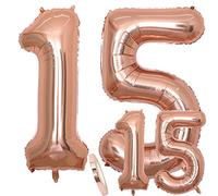 Globos Número 15 Cumpleaños XXL de oro rosa - Helio Globo de lámina gigante en 2 tamaños 40 "y 16" | Set XXL 100cm + Mini 40cm version Decoraciones de cumpleaños |Ideal para el 15 Años como decoración