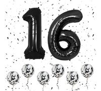 Globos Número 16 Negro, 40 Pulgadas De Papel Aluminio Grande Número 1 y 6 Globos Con 6 Globos Helio Confeti Negro, Globo 1er 6º 16º Cumpleaños Para Niñas Niños Fiestas Románticas Aniversario