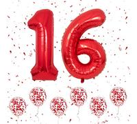 Globos Número 16 Rojo, 40 Pulgadas De Papel Aluminio Grande Número 1 y 6 Globos Con 6 Globos Helio Confeti Rojo, Globo 1er 6º 16º Cumpleaños Para Niñas Niños Fiestas Románticas Aniversario
