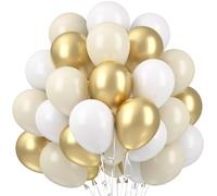 Globos Oro Blanco, 60PCS Globos de Boda Beige, Blanco y Dorado con cintas, Globos Látex Metálicos Oro para Cumpleaños, Baby Showers, Bautizo Comunion, Graduación