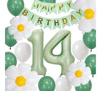 Globos para el 14 cumpleaños verde salvia, crema verde salvia, globos para el 14 cumpleaños con número 14 margaritas, globos de papel de aluminio verde oliva para niñas de 14 años (14)