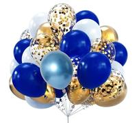 Globos Pastel, Globos de latex de 12 pulgadas oro y Azul 60pcs+2 rollos de cinta,de confeti metálicos para bautizo,Baby Shower,Decoración de Fiesta de Cumpleaño (Azul)