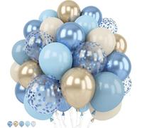 Globos retro azules y beige, 60 unidades, 30,5 cm, azul claro, azul metálico, dorado, confeti con globos de arena blanca para decoración de cumpleaños bohemios, baby shower, bodas