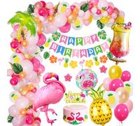 Globos Tropicales Cumpleaños Niñas con Flamingo Foil, Banner Hawaiano, Cake Topper para Summer Fiesta Tropical