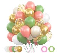 Globos Verde Rosa, 62 Piezas Globos de Cumpleaños Verde Salvia Retro Rosa, Globo Blanco Dorado Oro Metálicos con Globo Oro Confeti para Decoración Cumpleaños Niña Baby Shower Jungla Safari 12 Pulgadas