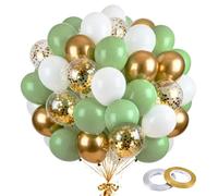 Globos Verde Salvia Oro, 60 Piezas Globos de Cumpleaños Verde Oro con Confeti Oro Metalizados Globo Helio, con 2 Tiras de Cinta para Cumpleaños Baby Shower Boda Graduación Bautizo