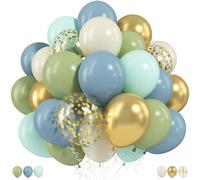 Globos verdes, azules, dorados, beige, 60 unidades, 30,5 cm, verde salvia, verde pastel, verde, retro, pizarra, azul, flexión, globos con confeti dorado metálico, globos para cumpleaños, selva,