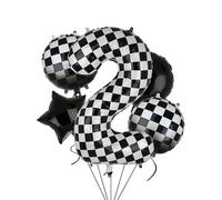 Globos XXL a cuadros con número 2 globos negros y blancos para coche de carreras, 5 unidades, Mylar Helio, números 2 coches de carreras, globos para fiestas, cumpleaños, temática de carreras, 100 cm