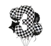 Globos XXL a cuadros con número 3 en blanco y negro para coche de carreras, 5 unidades, mylar helio, números, 3 coches de carreras, globos para fiestas, cumpleaños, temática de carreras de coches, 100