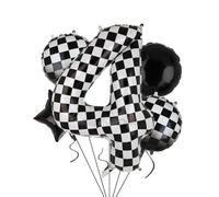 Globos XXL a cuadros con número 4 globos negros y blancos para coche de carreras, 5 unidades, mylar helio, números, 4 coches de carreras, globos para fiestas, cumpleaños, temática de carreras, 100 cm