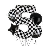 Globos XXL a cuadros con número 5 globos negros y blancos para coche de carreras, 5 unidades, mylar helio, números, 5 coches de carreras, globos para fiestas, cumpleaños, temática de carreras, 100 cm