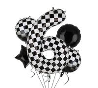 Globos XXL a cuadros con número 6 en blanco y negro para coche de carreras, 5 unidades, mylar helio, números, 6 coches de carreras, globos para fiestas, cumpleaños, temática de carreras, 100 cm